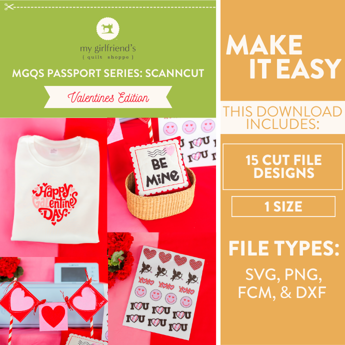 Promotional graphic for a ScannCut Valentine's Day design package with text and product images.