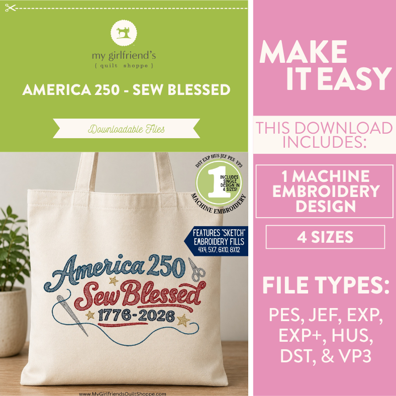 Tote bag with 'America 250 Sew Blessed' design and promotional text for downloadable embroidery files.