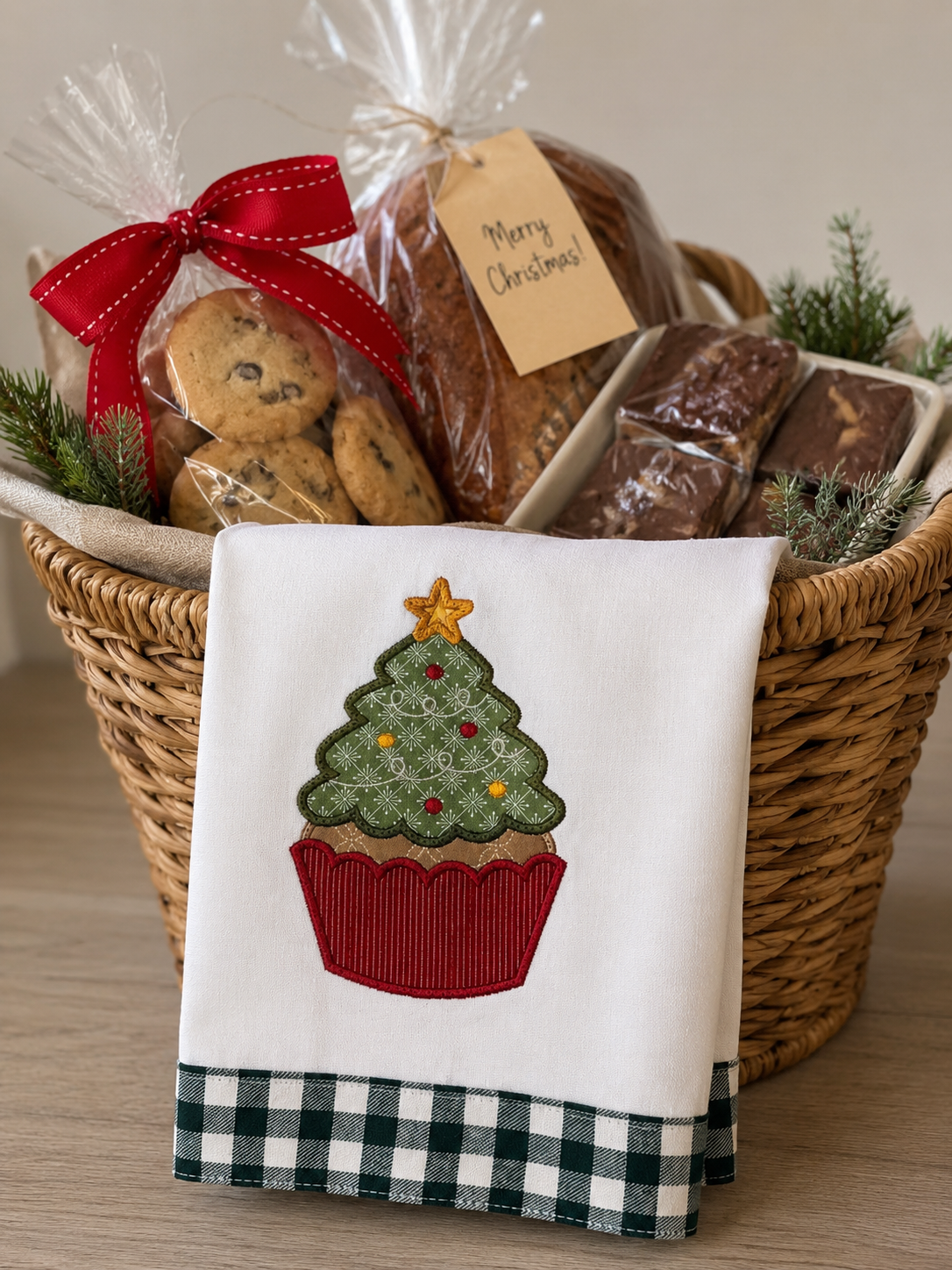 A holiday gift basket filled with cookies, chocolate bars, and wrapped treats, with a white tea towel draped over the front. The towel features an embroidered cupcake Christmas tree with a red gingham bottom border.