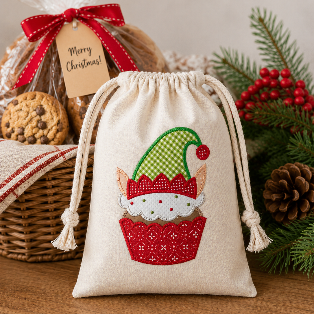 A cream fabric drawstring gift bag with an embroidered cupcake elf design, styled on a wooden table with holiday greenery, a wicker basket, and a wrapped cookie gift bag in the background.