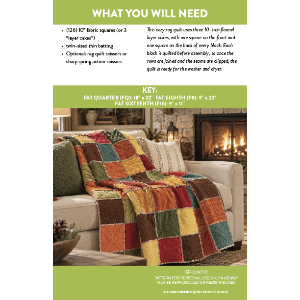 A pattern instruction sheet for a rag quilt, titled 'WHAT YOU WILL NEED' and showing a key with measurements for fat quarters. The top section lists requirements in black text on a green background, and the bottom section shows a cozy living room scene with a multicolor patchwork quilt draped over a sofa in front of a fireplace.