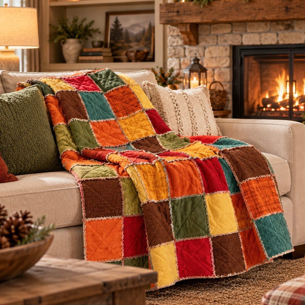 A cozy patchwork quilted throw blanket draped over a cream sofa in a warm living room with a lit fireplace, stone walls, and decorative pillows.