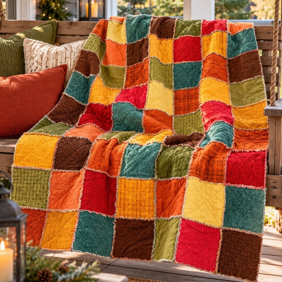A colorful patchwork quilted throw blanket draped over a rustic wooden porch chair, featuring a mix of autumn and fall colors including orange, red, yellow, green, and brown.