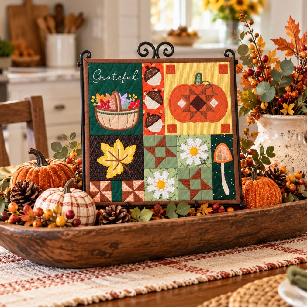 A framed autumn-themed quilted wall hanging with the word 'Grateful' and colorful patchwork motifs including acorns, a leaf, daisies, mushrooms, and pumpkins, displayed on a dining table in a decorated fall setting.
