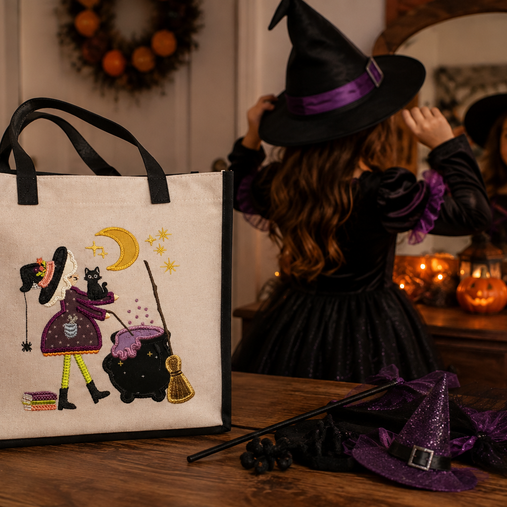 A Halloween-themed canvas tote bag with embroidered witch illustrations stands on a wooden table in a decorated room, with a child in a witch costume adjusting a witch hat in the background.