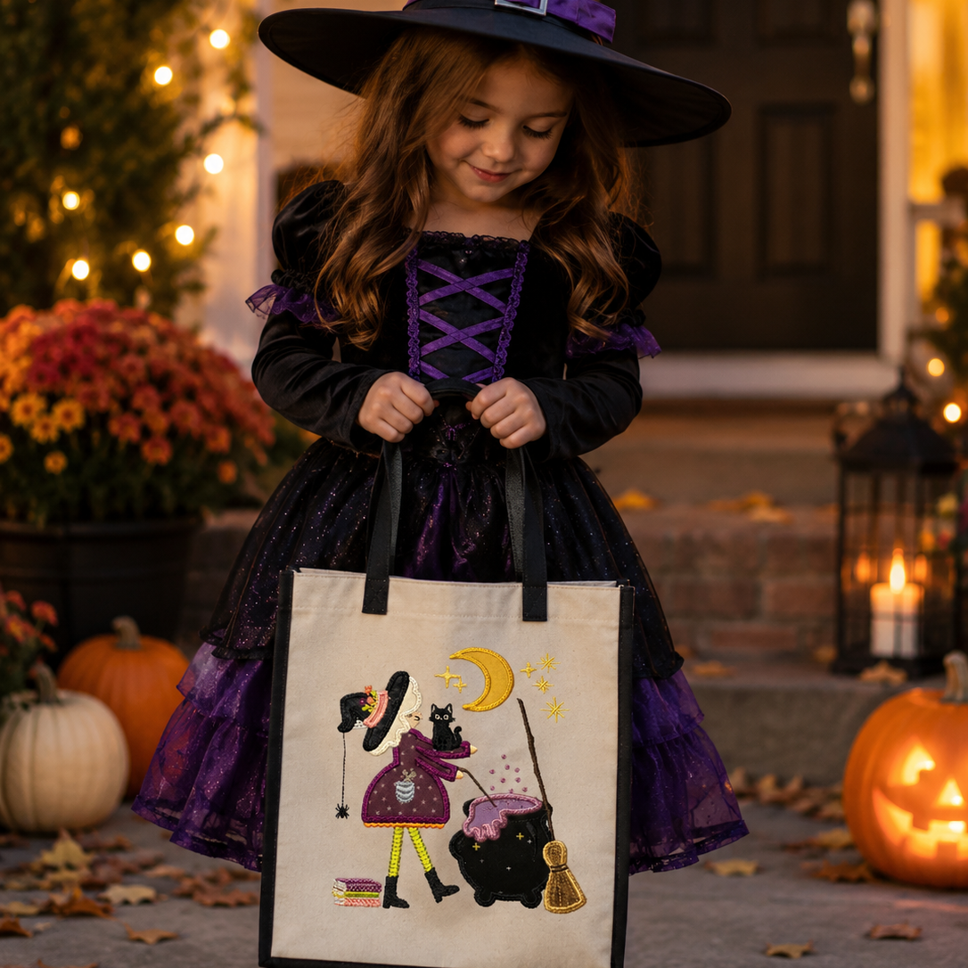 A young girl in a black and purple witch costume holds a canvas trick-or-treat bag decorated with a witch, cat, and cauldron illustration. She is standing outdoors in front of a house decorated for Halloween with pumpkins, flowers, and warm string lights.