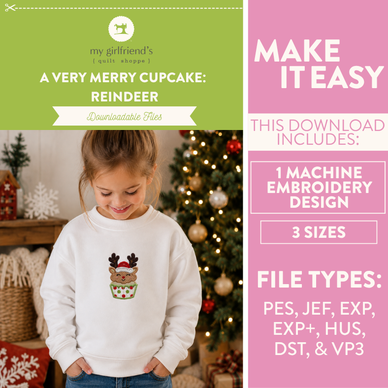 Promotional graphic for a downloadable embroidery design featuring a child wearing a white sweatshirt with a festive cupcake reindeer graphic, alongside text detailing the file types and included sizes on a pink and green layout.