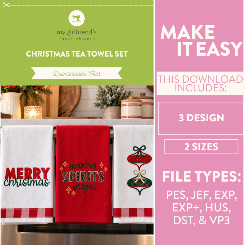 Promotional graphic for a downloadable Christmas tea towel set by my girlfriend's quilt shoppe. The left side shows three festive towels hanging on a rack: one white with 'Merry christmas' in red and green, one red with 'making spirits light' in gold, and one white with a red and green ornament design.