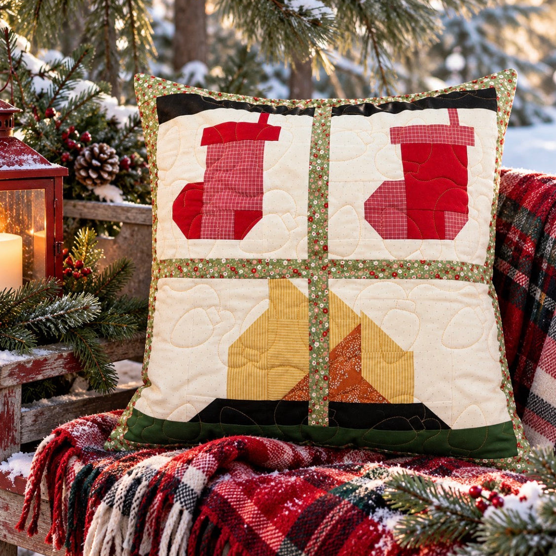A square quilted throw pillow with a Christmas holiday design, displayed on a rustic wooden bench draped with a red and black plaid blanket in a snowy outdoor setting.