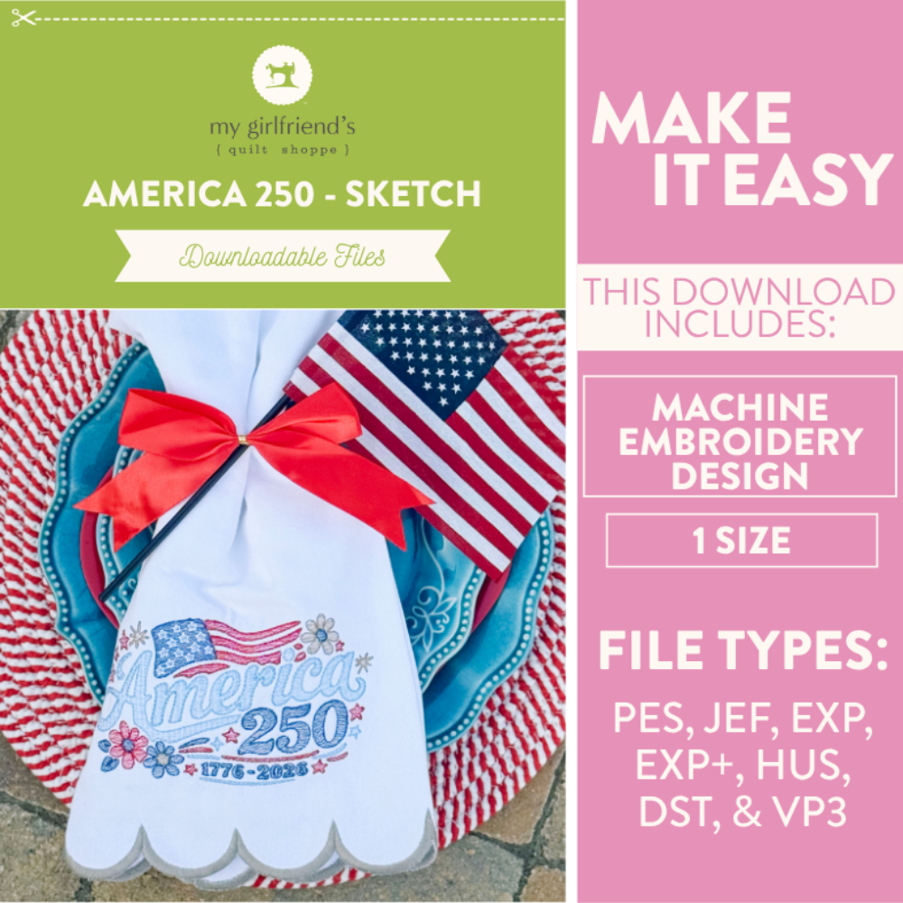 Product packaging for machine embroidery design with a patriotic theme and text about downloadable files.