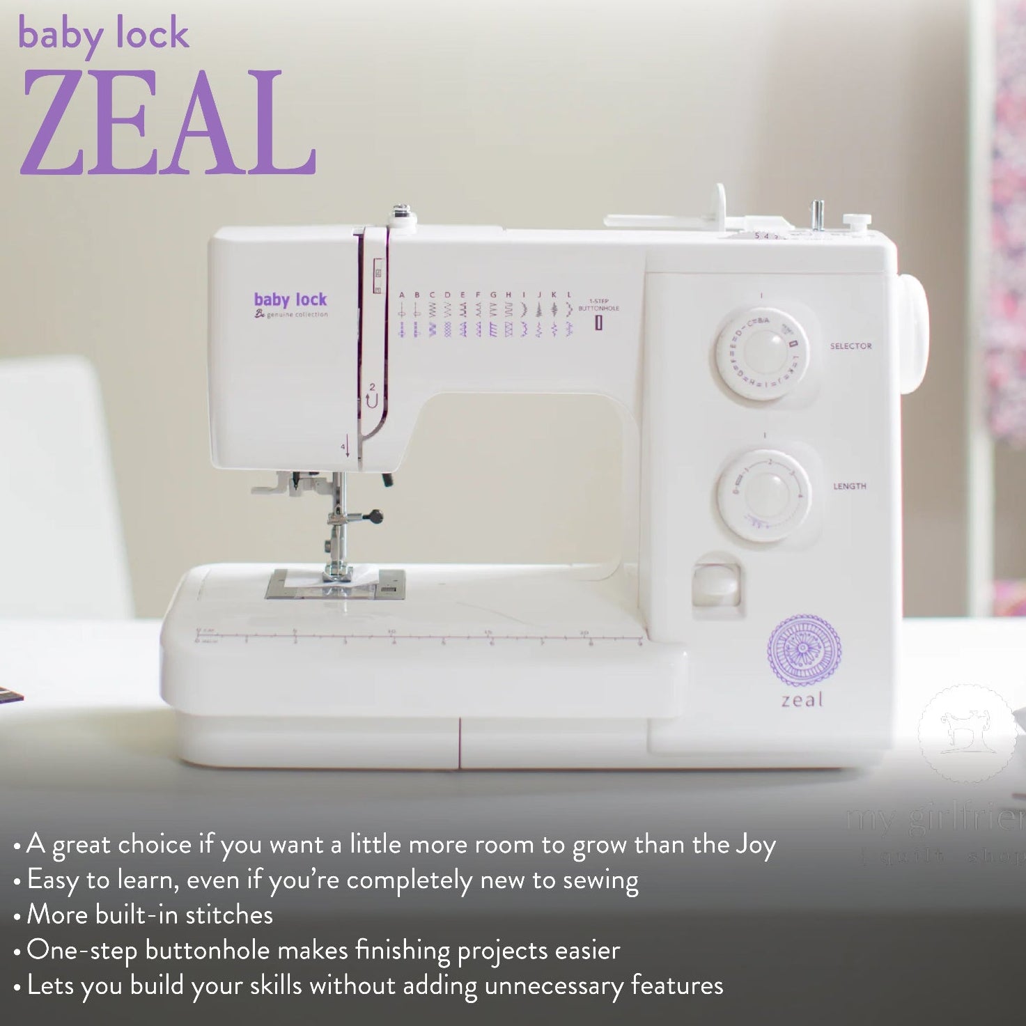A white Baby Lock ZEAL sewing machine shown on a light tabletop against a soft indoor background. Large purple text at the top reads 'baby lock ZEAL,' and a block of feature callouts appears along the bottom.