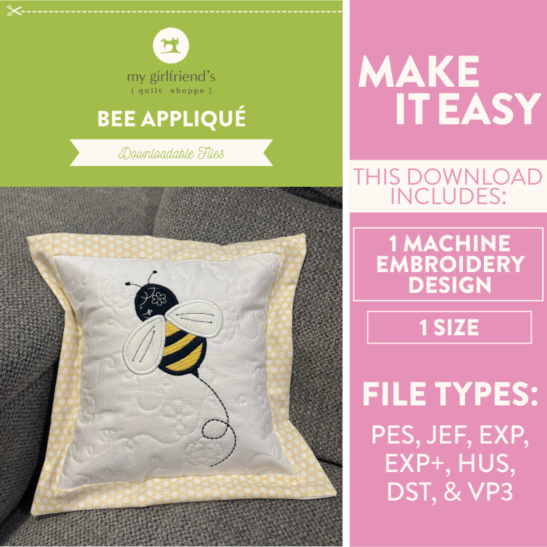 Quilted pillow with bee appliqué design on a gray couch, with text about downloadable files for machine embroidery.