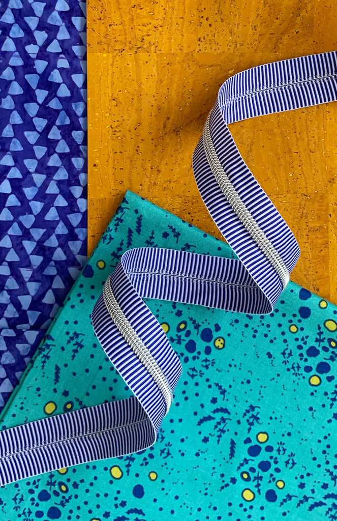 Zipper Tape- Blue Stripe with Nickel