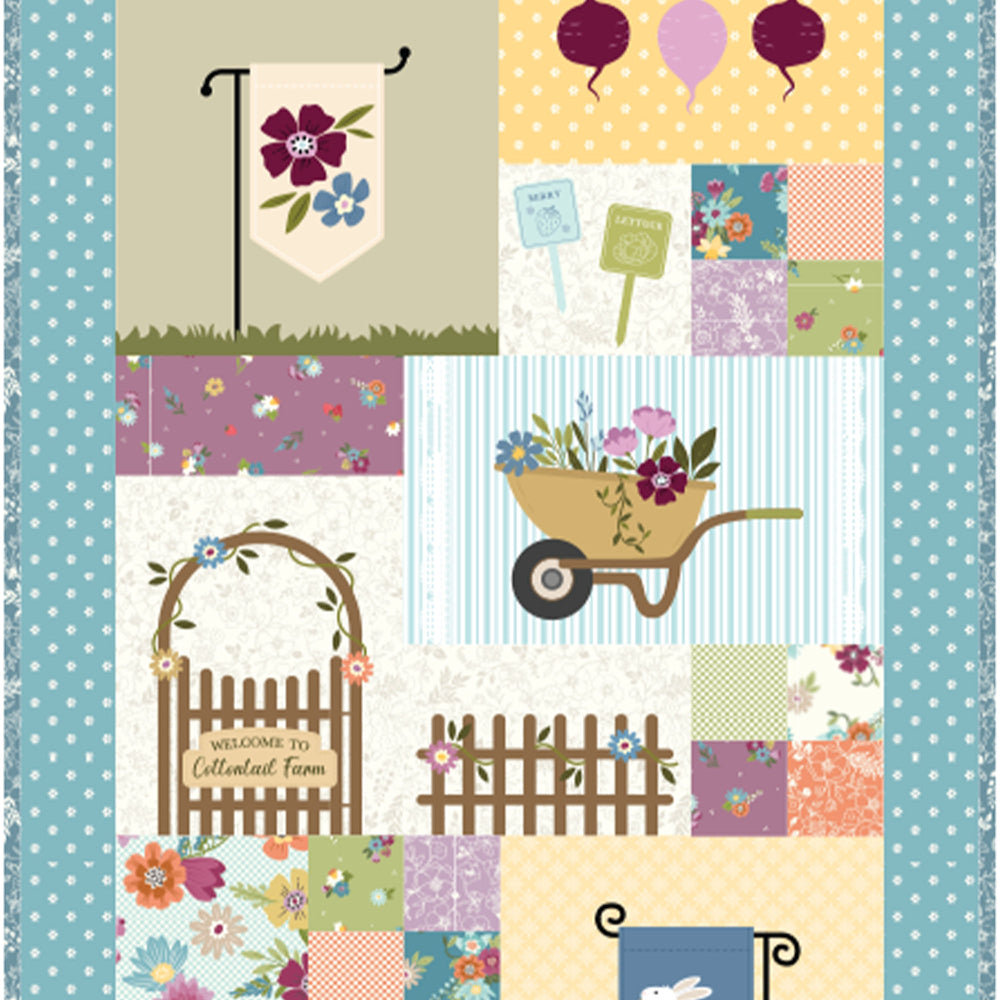 Patchwork design with garden-themed elements on a blue polka dot background