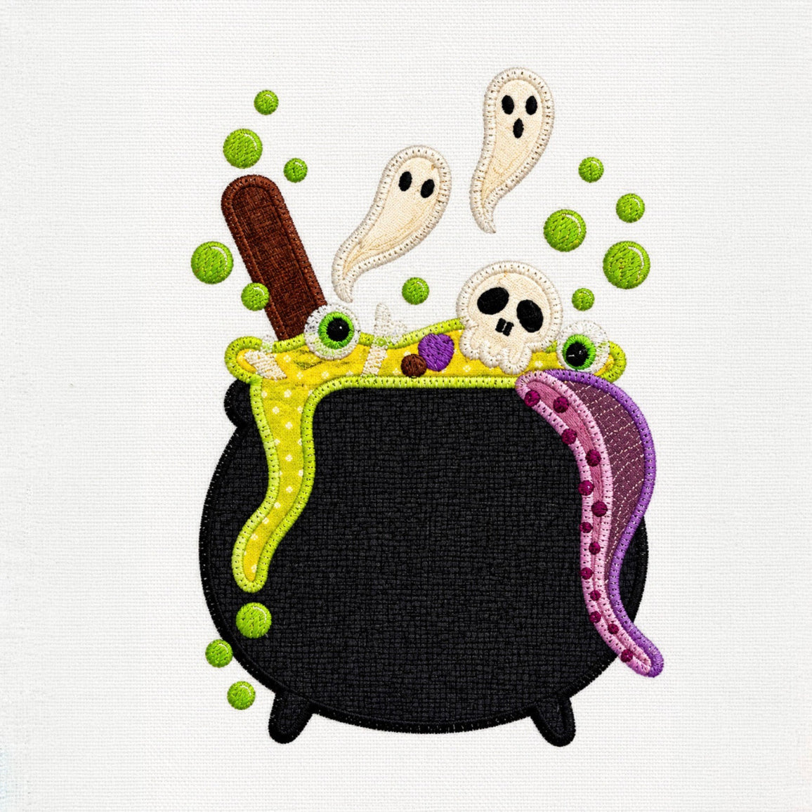 A Halloween-themed embroidered design featuring a black cauldron with green slime, white ghosts, a skull, green bubbles, and a purple tongue, shown on a white textured background.