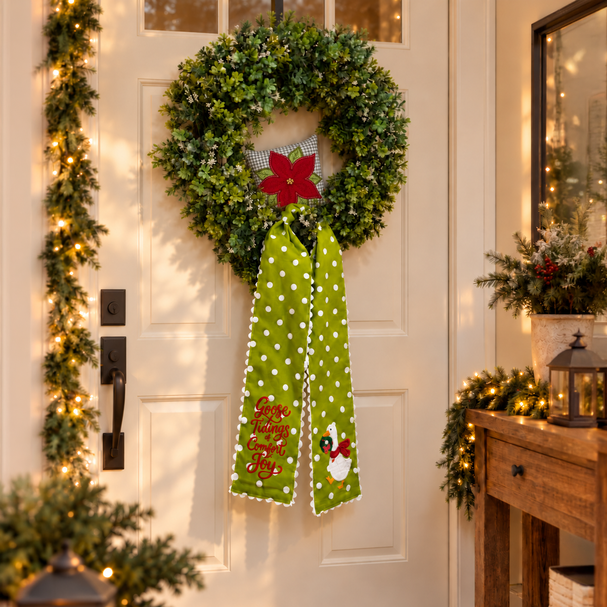 A green holiday wreath with a red poinsettia and a hanging green fabric banner with white polka dots, a snowman, and Christmas tree decoration, displayed on a white front door with warm string lights and holiday decor in the background.