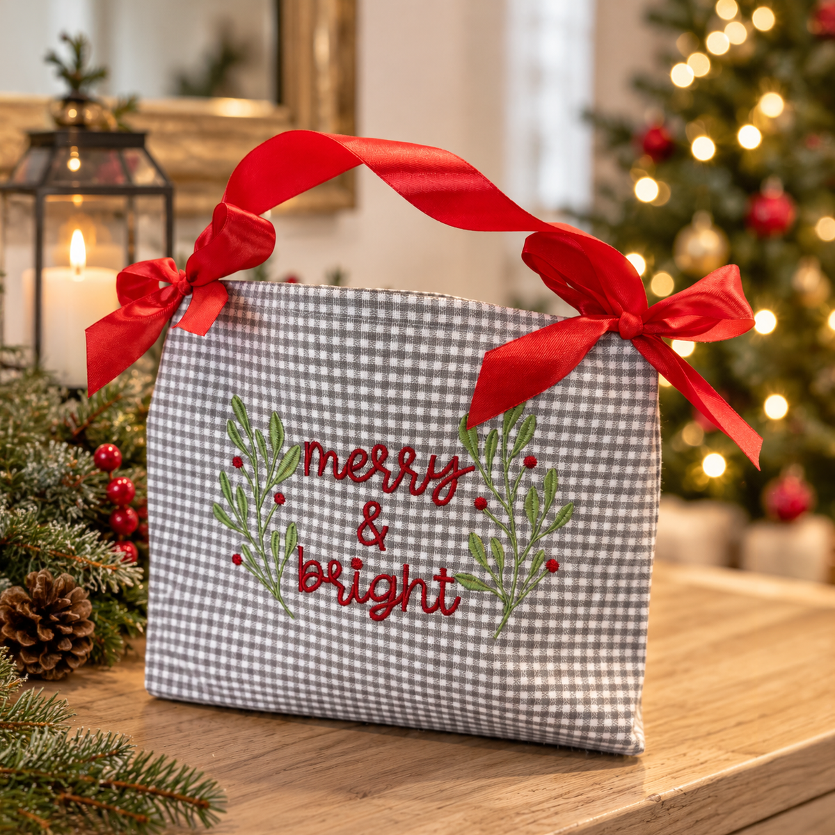 A small fabric gift bag with a gray and white gingham pattern, a red ribbon handle, and 'Merry & Bright' embroidered in red with green holly leaves on the front, set on a wooden table in a festive holiday setting.