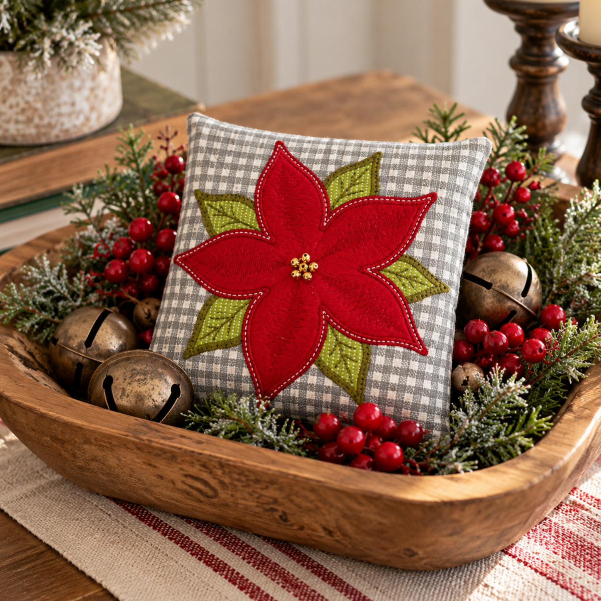 A square decorative throw pillow with a red poinsettia applique on a gray gingham background, styled in a wooden bowl with greenery and red berries.