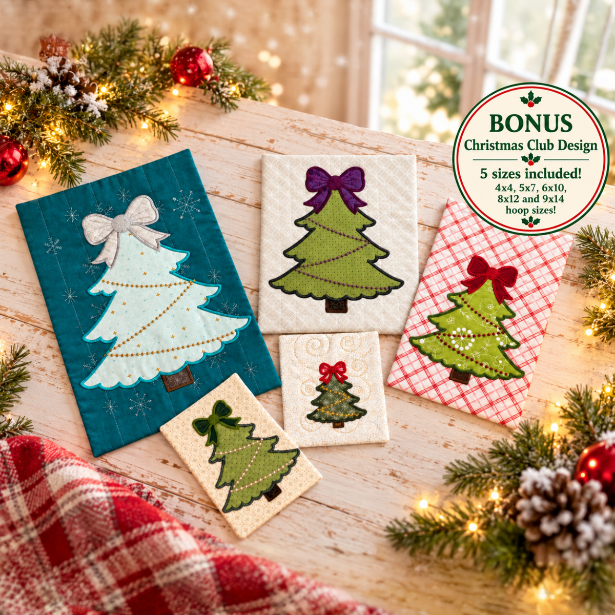 Four Christmas tree applique patches displayed on a wooden surface with holiday greenery and lights. A circular badge in the top right reads 'BONUS Christmas Club Design 5 sizes included! 4x4, 5x7, 6x10, 8x12 and 9x14 hoop sizes!'.