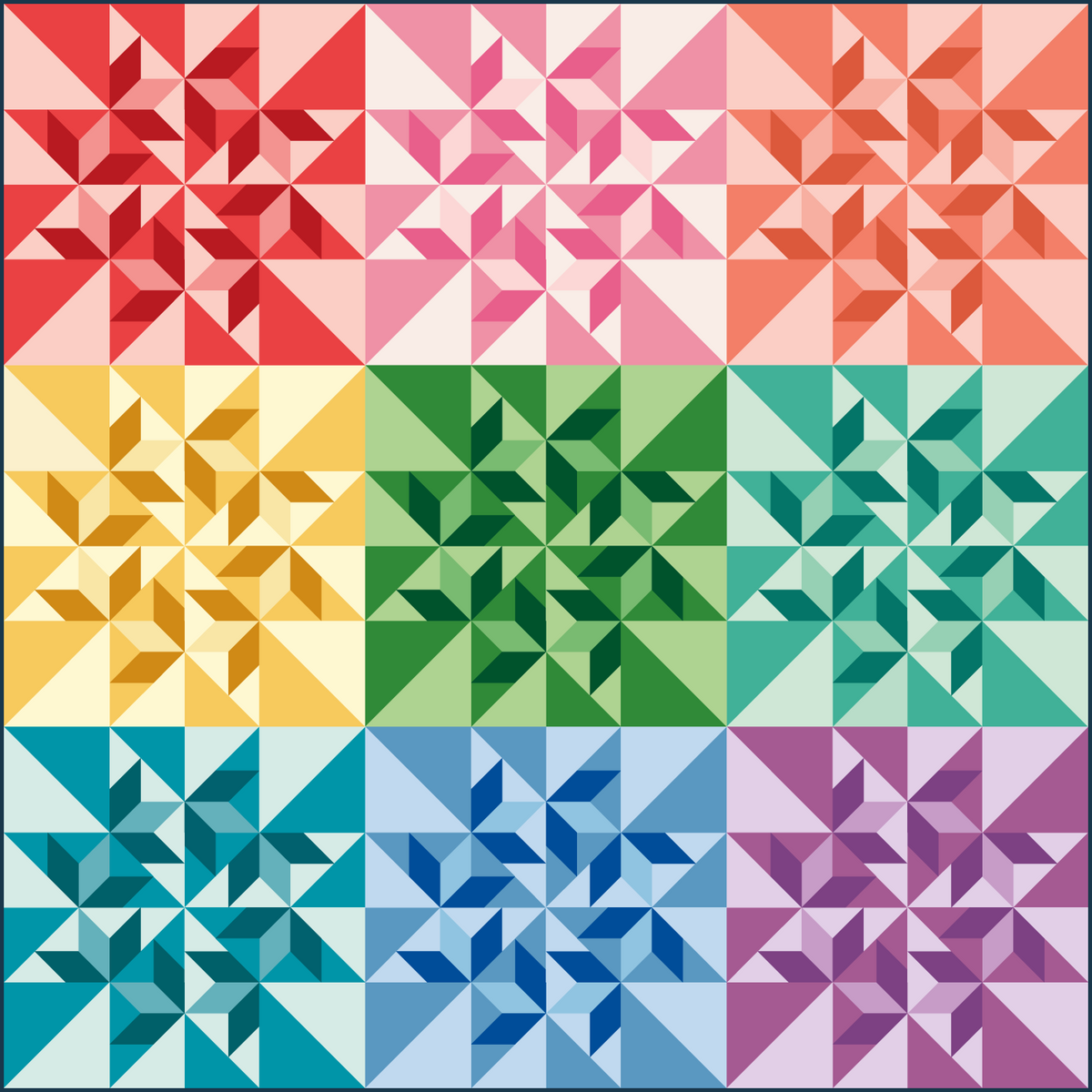 A 3x3 grid of colorful geometric quilt blocks, each featuring a pinwheel or starburst pattern in different colorways including red, pink, orange, yellow, green, teal, blue, and purple.