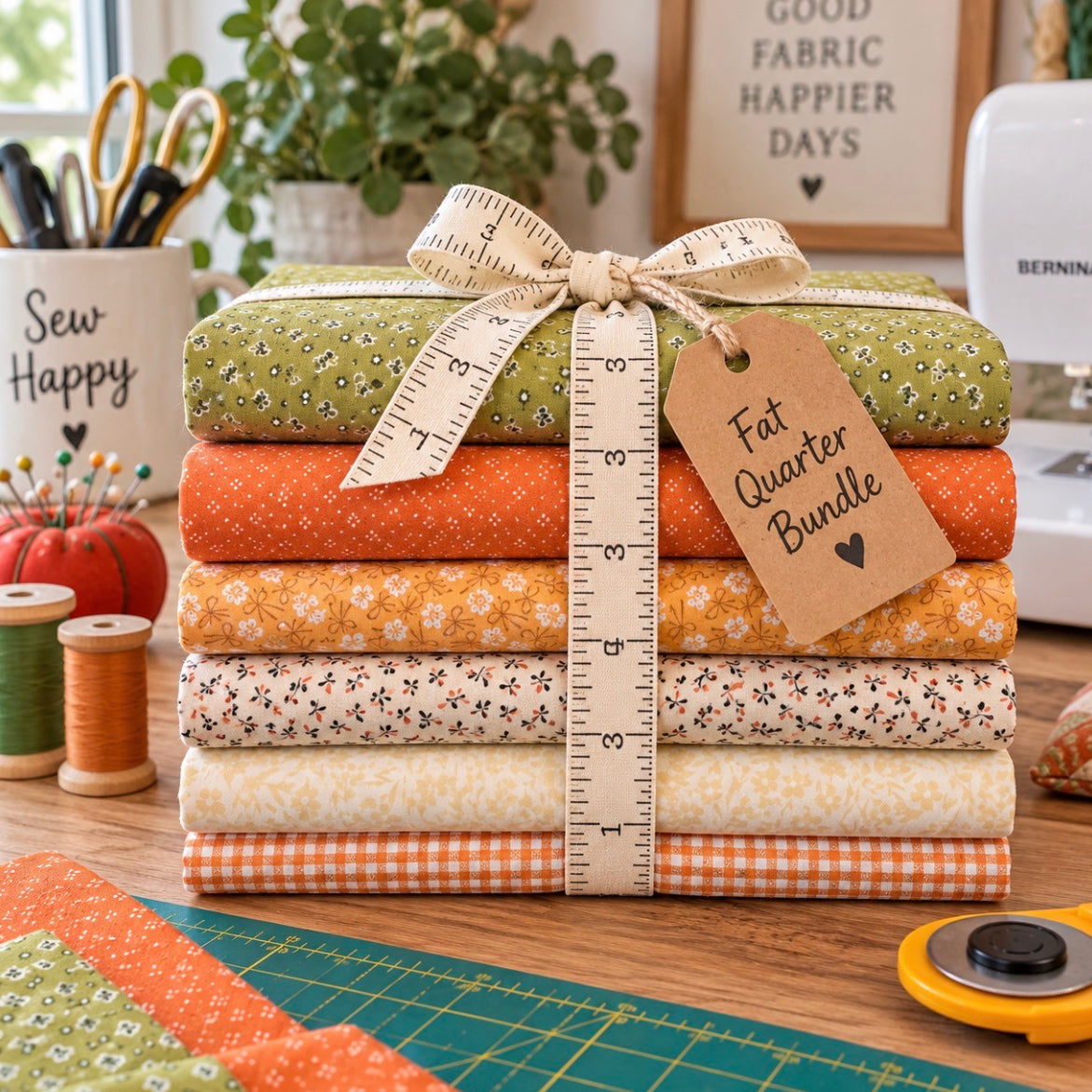 A stack of nine patterned fabric squares tied with a ribbon and a kraft tag reading 'Fat Quarter Bundle,' displayed on a wooden craft table with sewing supplies and a sewing machine in the background.