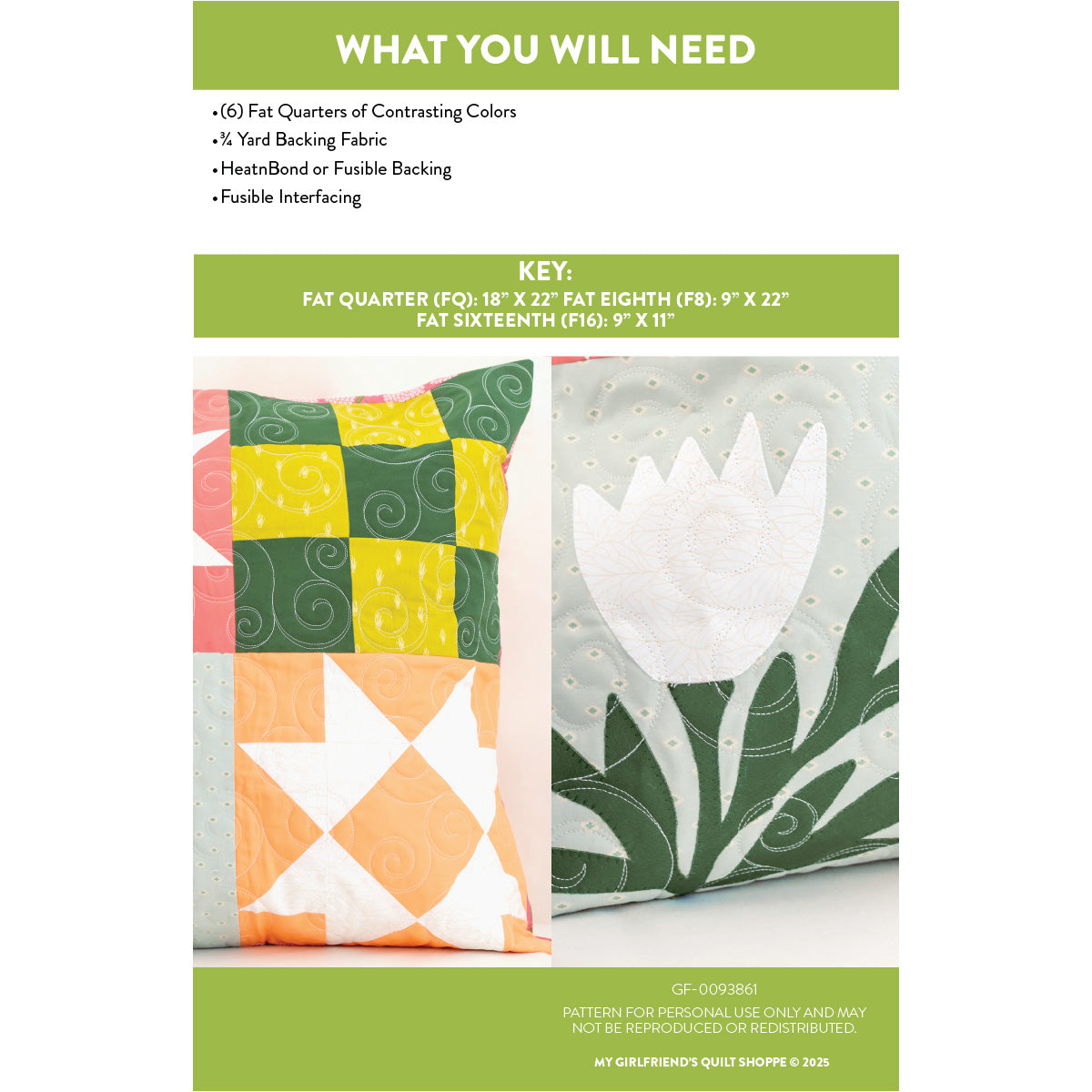 Quilt pattern with fabric requirements and key on a white background