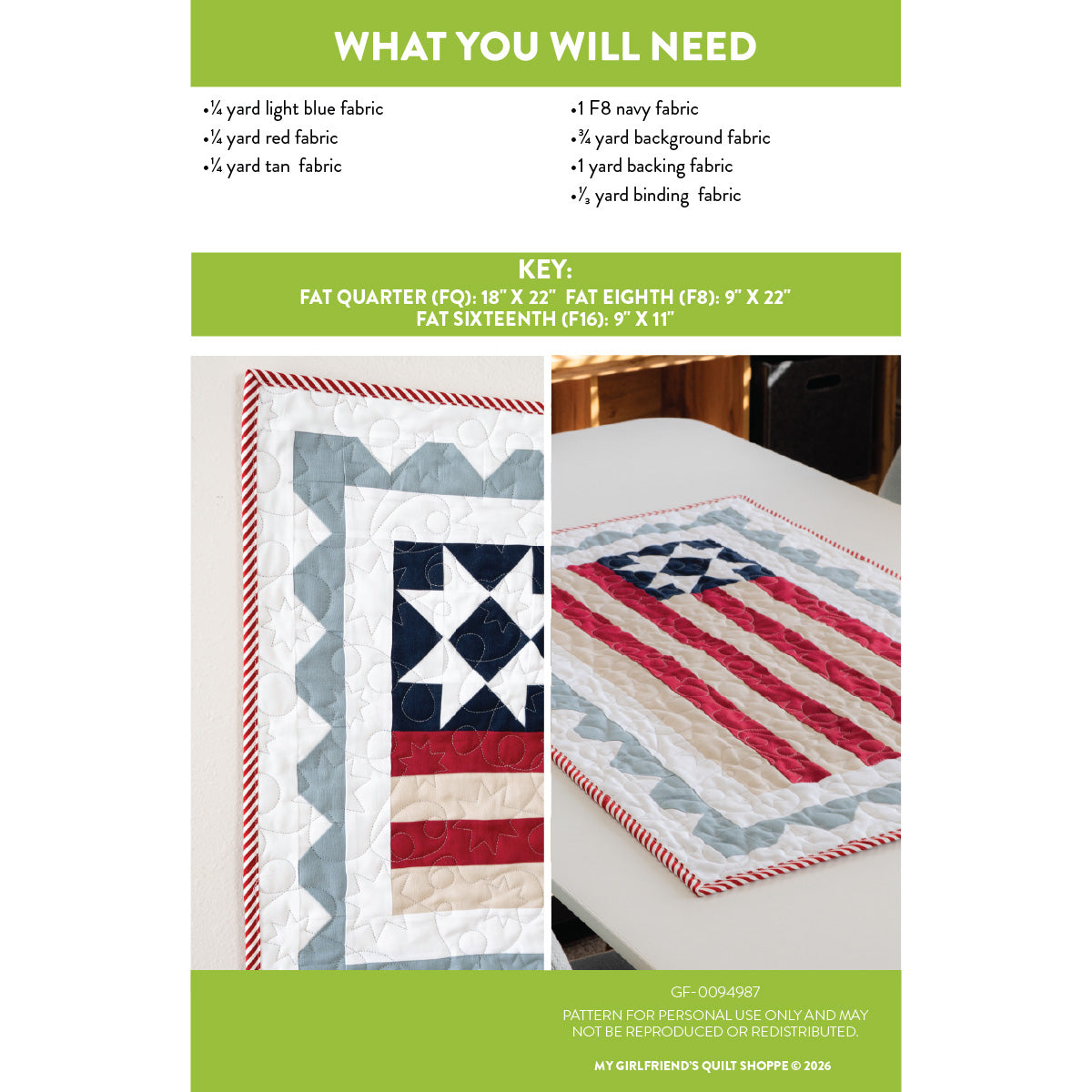 Quilt pattern with fabric requirements and measurements on a white background