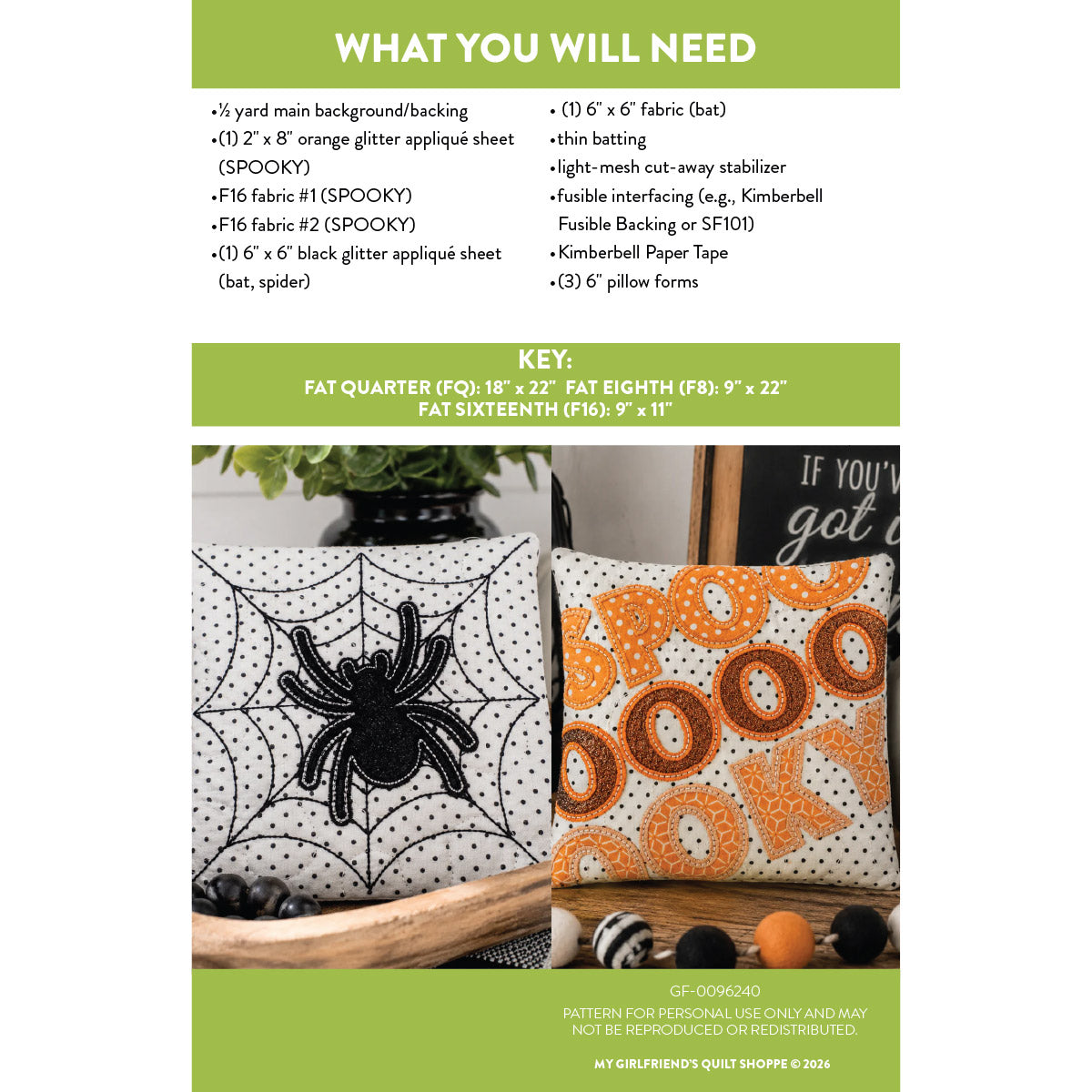 A product information graphic for a Halloween-themed fabric pillow set. The top half lists materials and a key for sizes in green and white blocks.