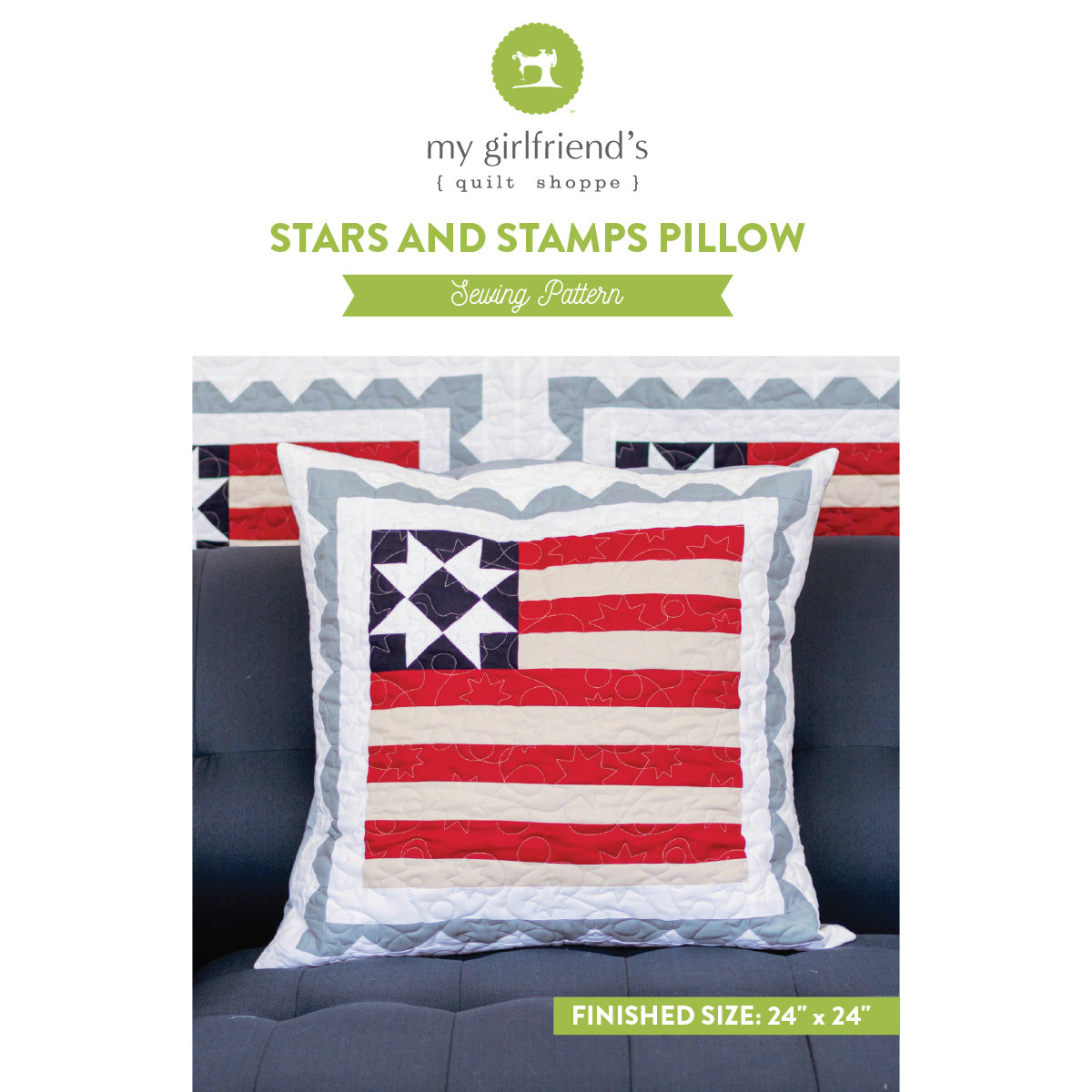 Stars and Stamps Pillow sewing pattern packaging with a pillow design on a gray couch.