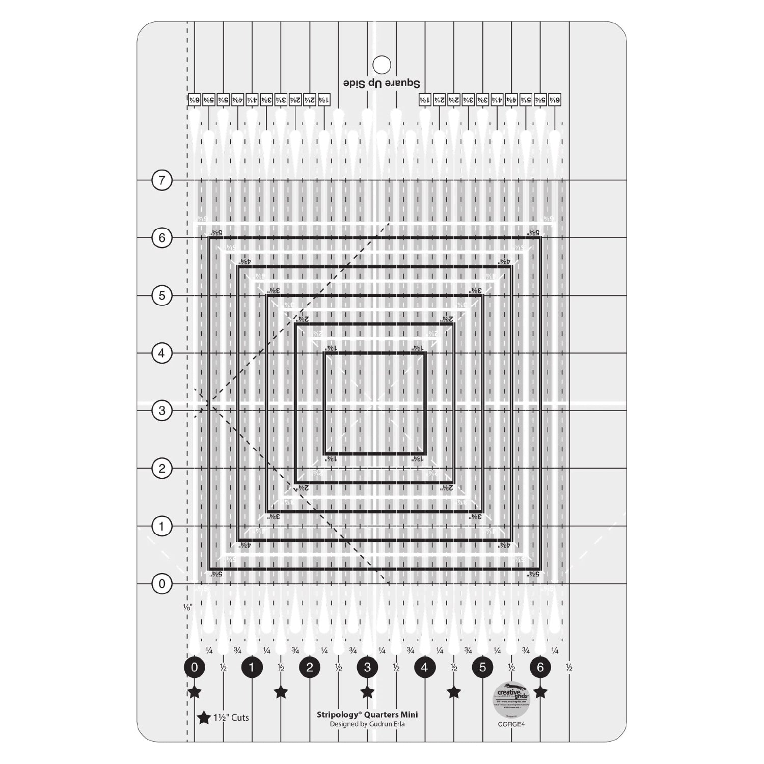 A clear acrylic quilting guide with black printed markings, concentric square patterns, and numbered stitch guides, shown on a white background.