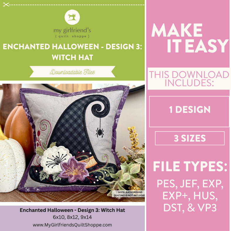 Promotional graphic for a downloadable quilting pattern titled 'Enchanted Halloween - Design 3: Witch Hat' by my girlfriend's quilt shoppe. The design shows a decorative square pillow with a large witch hat motif in black and purple, plus white and purple flowers.