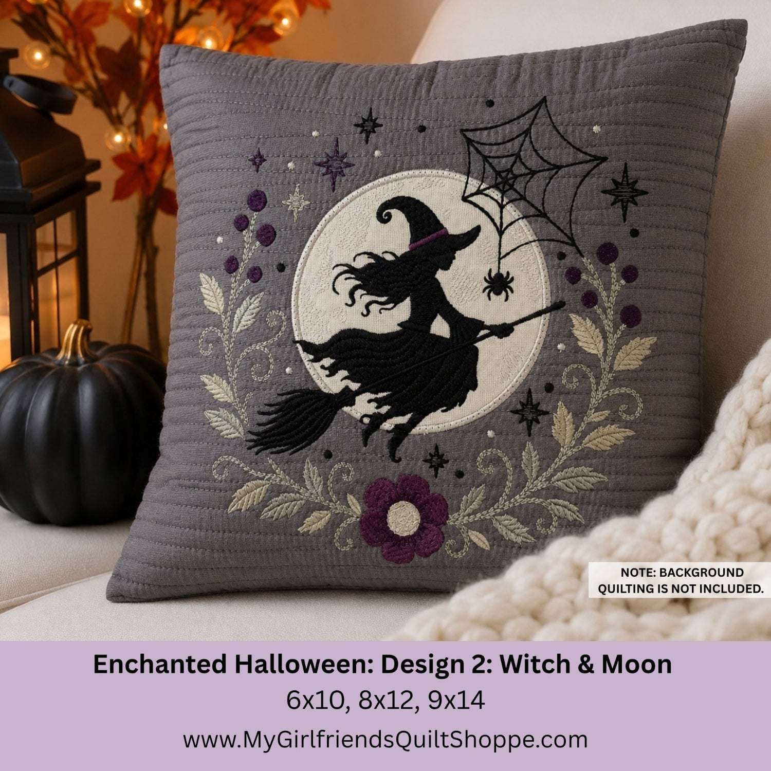 A gray quilted throw pillow with an embroidered 'Enchanted Halloween' design of a witch riding a broomstick around a full moon, shown styled on a couch with a pumpkin and cozy knit blanket nearby. Text at the bottom displays the design name, dimensions, and shop URL.