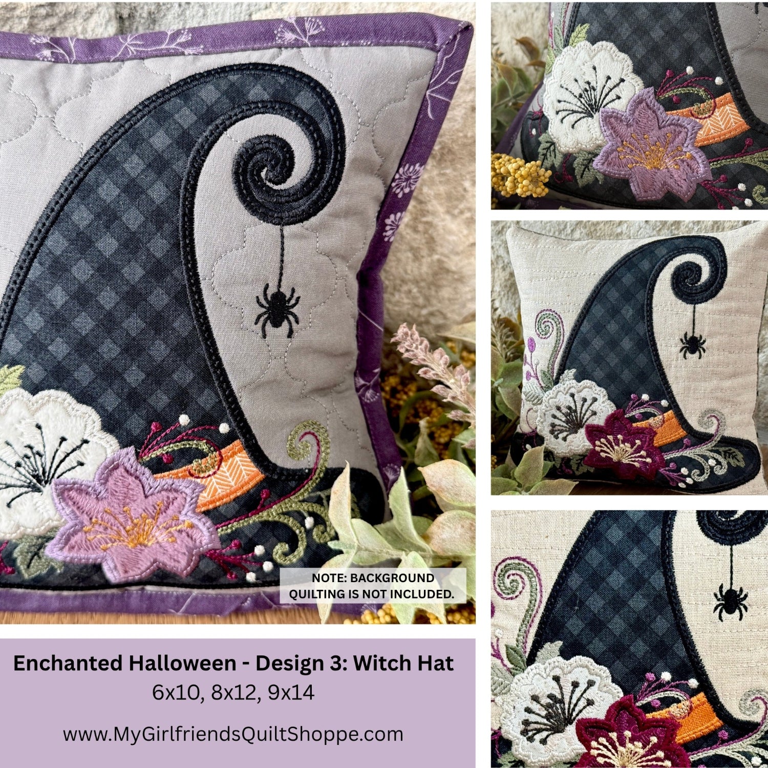 A collage showing a Halloween-themed embroidered pillow design called 'Witch Hat' from Enchanted Halloween. The main pillow on the left shows a large witch hat silhouette in dark navy plaid with a black spiral, a small black spider, and embroidered flowers in purple, pink, orange, and white.