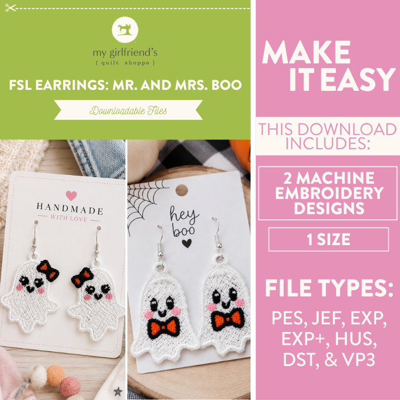 Promotional graphic for a downloadable embroidery file set titled 'FSL Earrings: Mr. and Mrs.