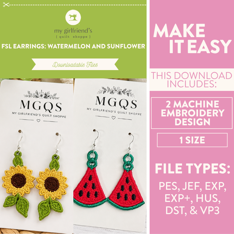 Promotional graphic for a downloadable machine embroidery design of watermelon and sunflower earrings. The left side shows two finished earring pairs on white cards: yellow sunflower earrings with green leaves and red watermelon slice earrings with green rinds and black seeds.
