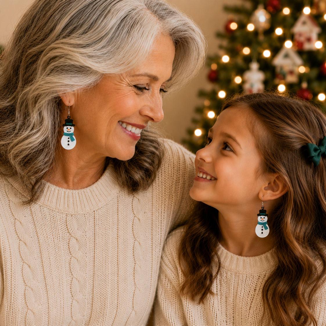 A smiling older woman and young girl wearing matching snowman dangle earrings, posed together in a warm holiday setting with a decorated Christmas tree in the background.