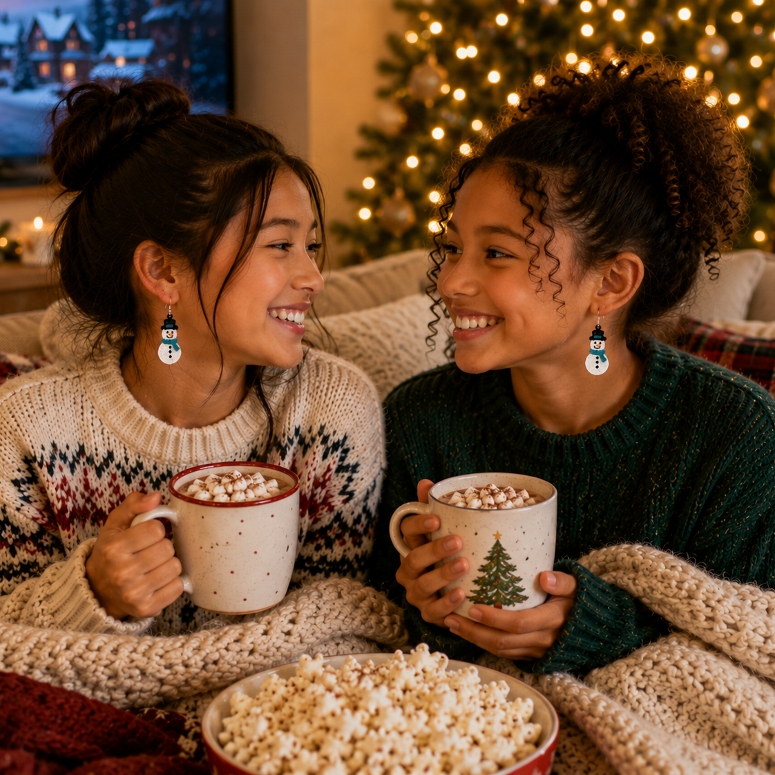Two young girls smiling and laughing while sitting together under a cozy knit blanket, each holding a mug of hot cocoa with marshmallows. A bowl of popcorn sits in front of them, with a decorated Christmas tree and warm lights in the background.