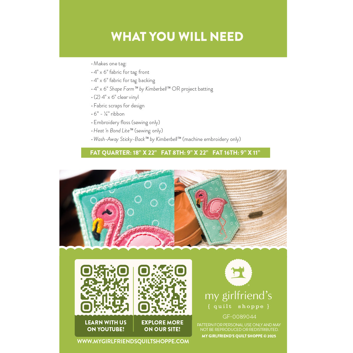 Product packaging with flamingo design and list of materials needed, featuring a QR code and website information.