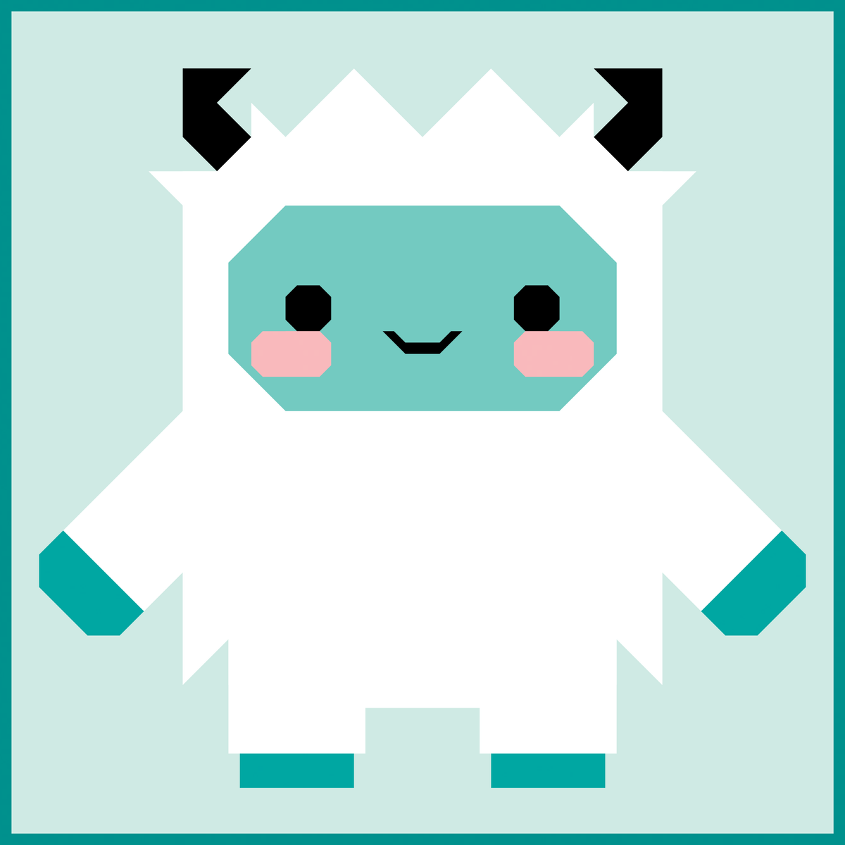 A stylized pixel-art yeti centered on a pale mint background, with a white body, teal face and accents, pink cheeks, and black eyes and ears.