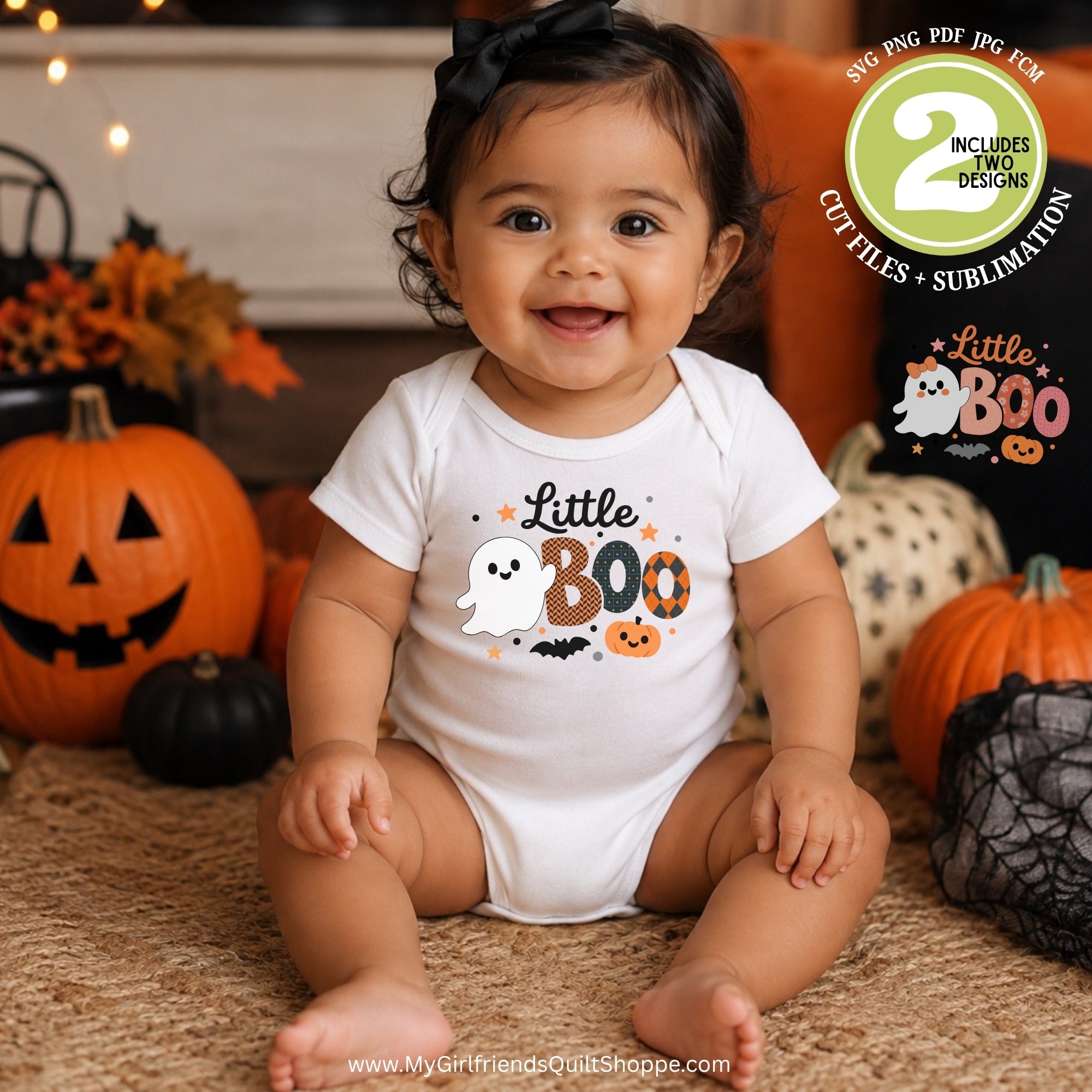 A baby sitting on a rug in a Halloween-themed setting, wearing a white short-sleeve bodysuit with a 'Little Boo' ghost and pumpkin graphic. The scene includes pumpkins, a black spiderweb, and promotional text overlays for digital cut files.