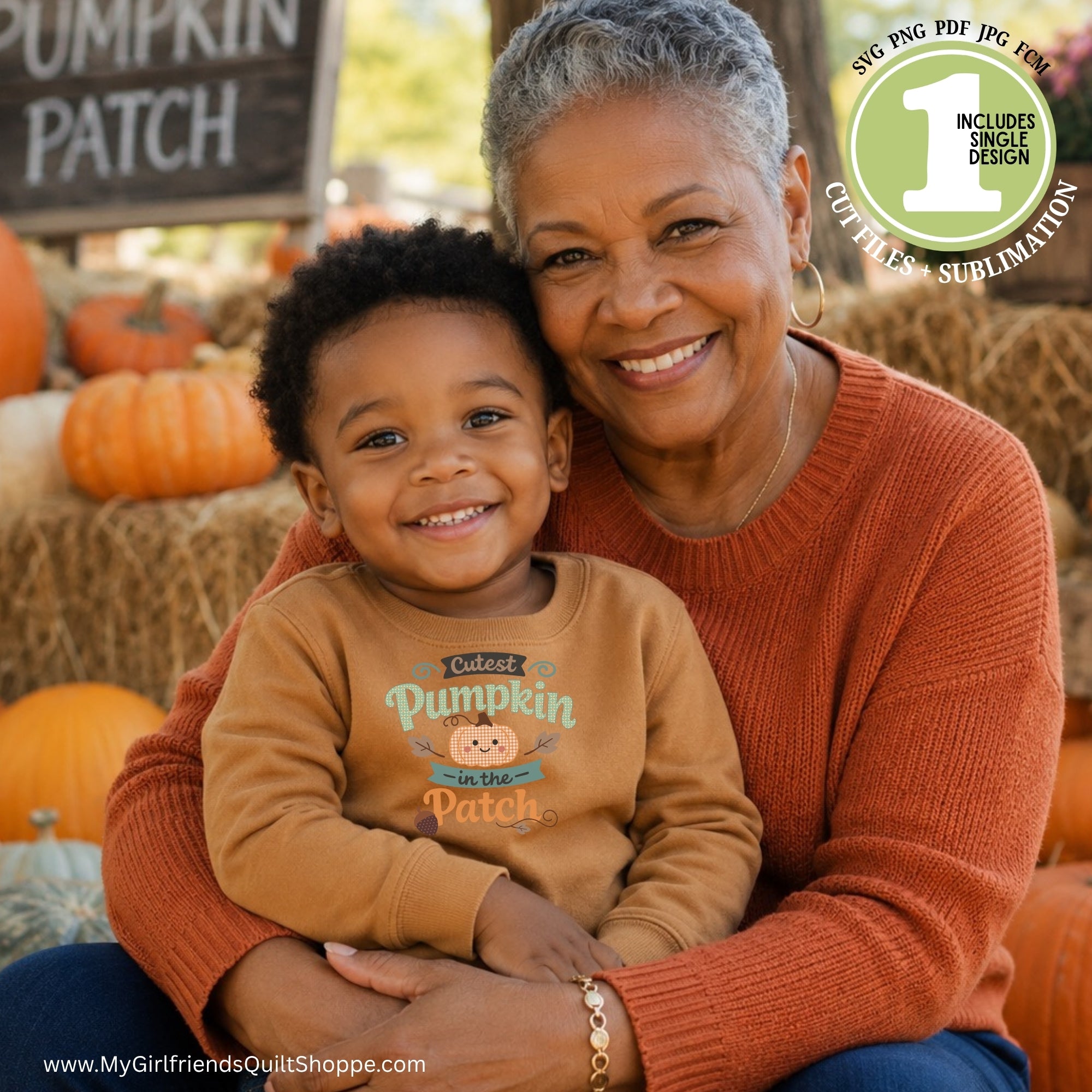 A smiling older woman and young boy sit together in a pumpkin patch setting. The boy wears a tan long-sleeve shirt with a 'Cuteest Pumpkin in the Patch' graphic, and the woman wears an rust-orange knit sweater.