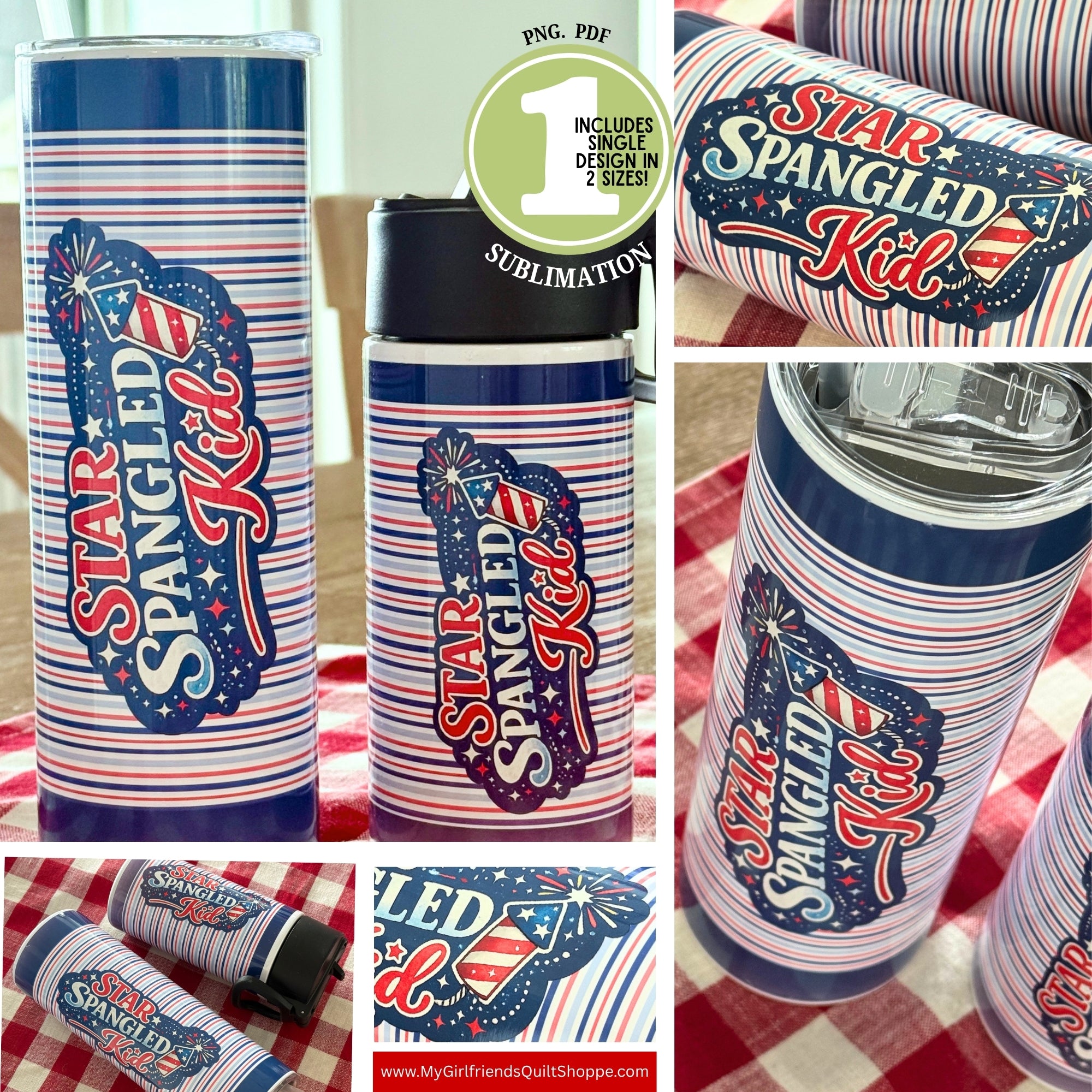 Collage of tumblers with 'Star Spangled Kid' design on a checkered tablecloth.