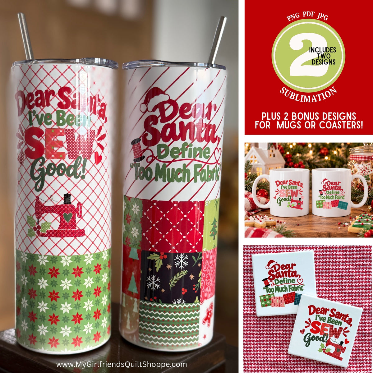 A collage showing two holiday-themed tumbler designs on the left, plus three smaller panels on the right with text promoting a sublimation bundle and showing mugs and coasters made from the designs. The main product appears to be the tumbler design artwork rather than a plain product photo, and the image includes a real styled setting on the right, so Lifestyle is the best fit over Product/Packaging.
