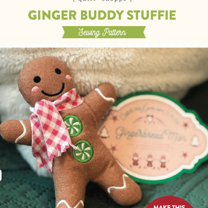 Gingerbread-themed stuffie with a sewing pattern label on a textured surface