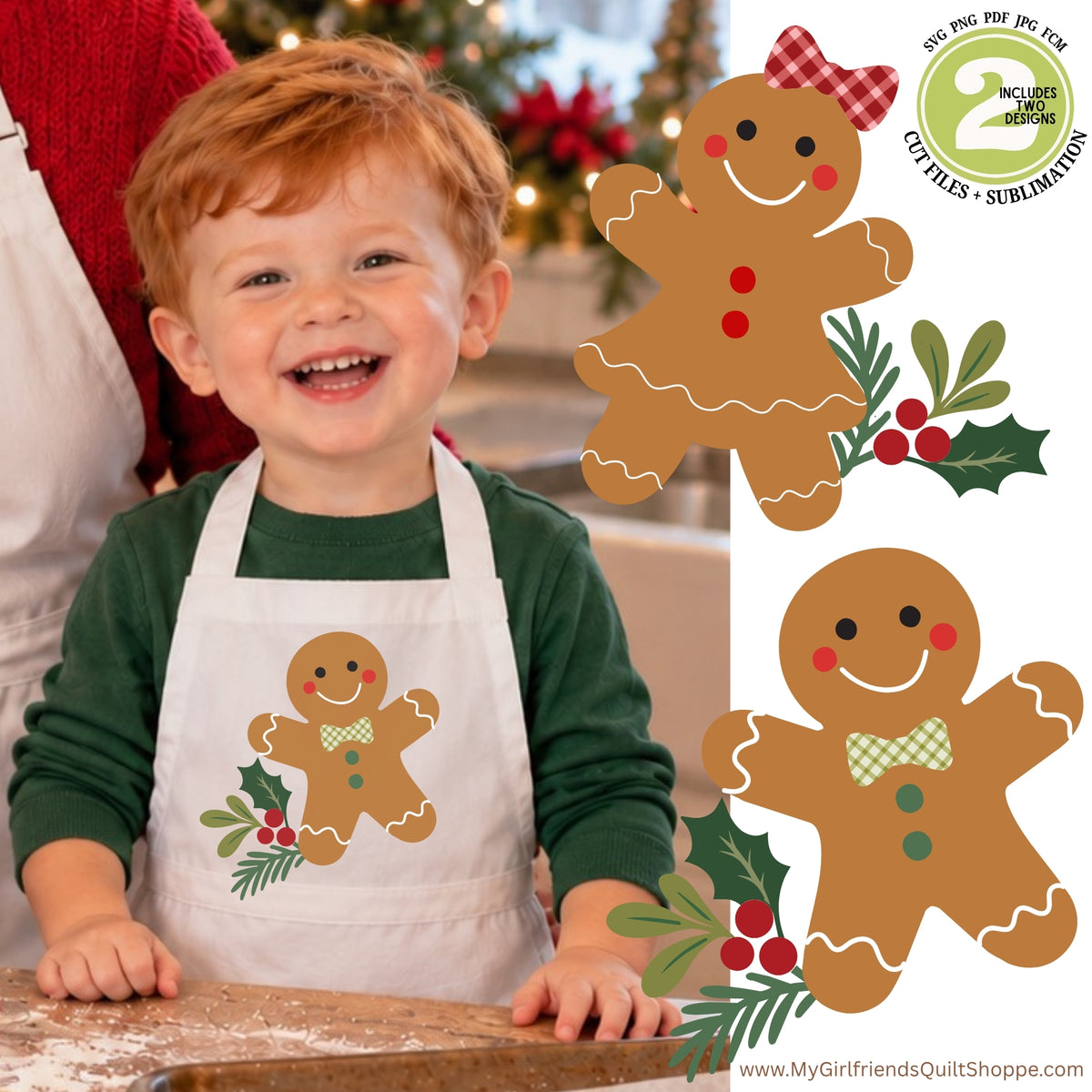 A smiling young boy wearing a white apron with a gingerbread man design stands at a table, with a second view of the same gingerbread apron design shown on the right. The scene includes part of an adult in a red sweater and a softly blurred holiday background with lights and red flowers.
