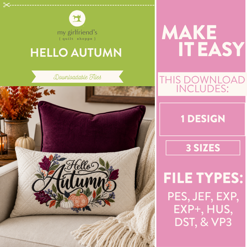 Promotional graphic for a downloadable pillow cover design titled 'Hello Autumn' by my girlfriend's quilt shoppe. The left side shows the finished product styled on a beige couch with a burgundy pillow and cream throw.