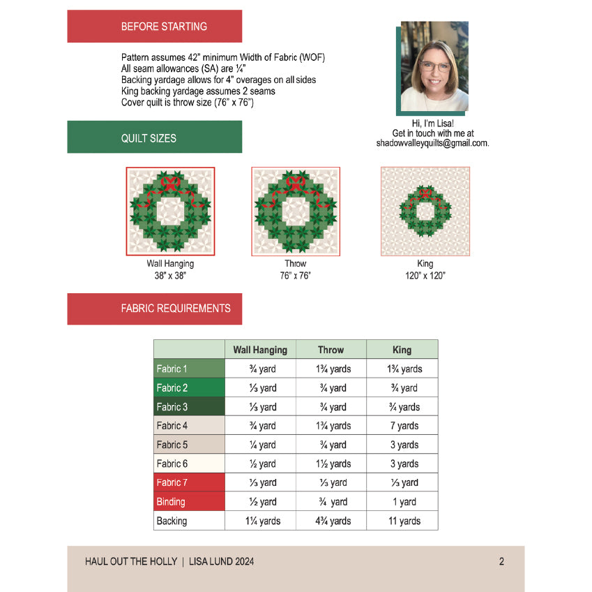 A printed informational sheet for quilting fabric, showing quilt sizes (Wall Hanging, Throw, King) with small photos of finished quilts, plus a table listing fabric requirements for different fabric weights and backing. The top right includes a small portrait of Lisa Lund.