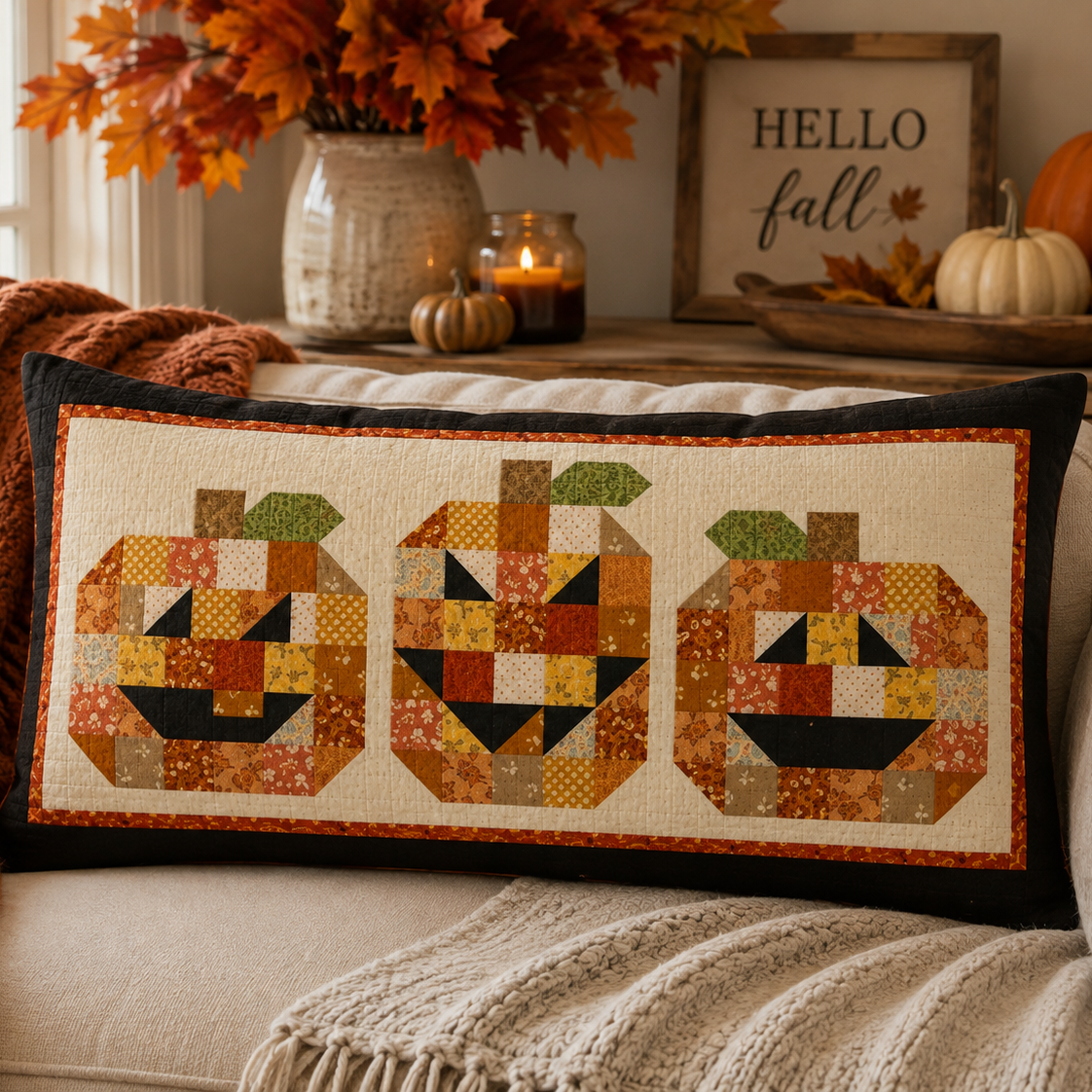 A rectangular decorative throw pillow with three patchwork jack-o'-lantern faces sits on a cream couch in a cozy autumn living room. The pillow has a black border and is styled with a chunky knit blanket, with fall decorations like pumpkins, a vase of leaves, and a 'Hello fall' sign in the background.