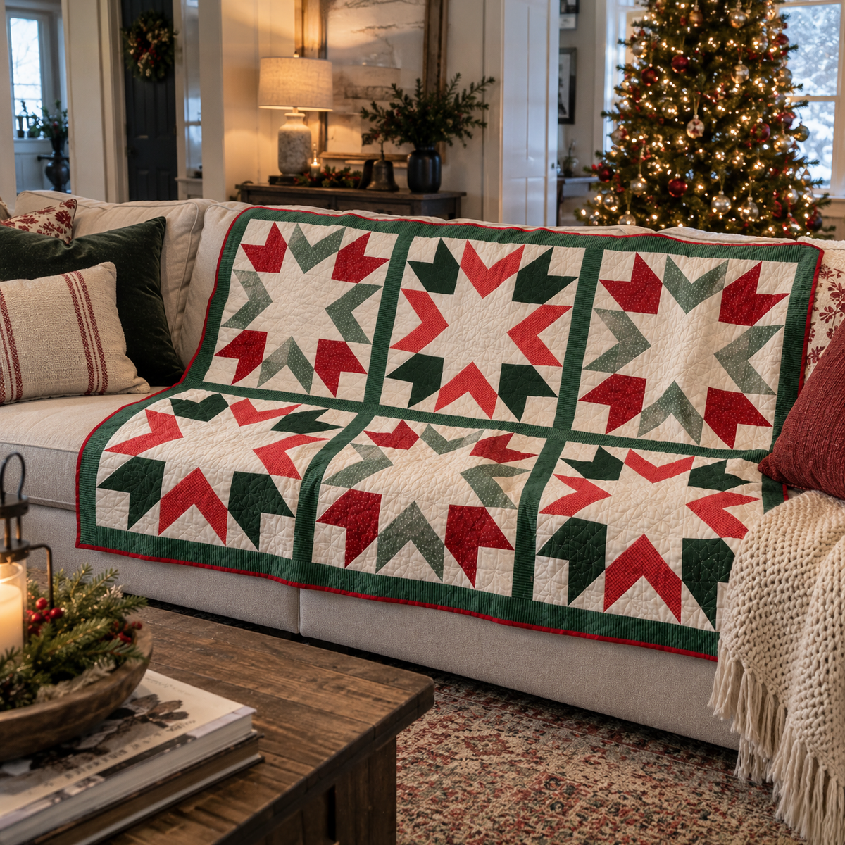 A Christmas-themed quilted throw blanket draped over a light beige sofa in a cozy living room. The blanket features a classic starburst pattern in red, dark green, and cream, with a solid dark green border.