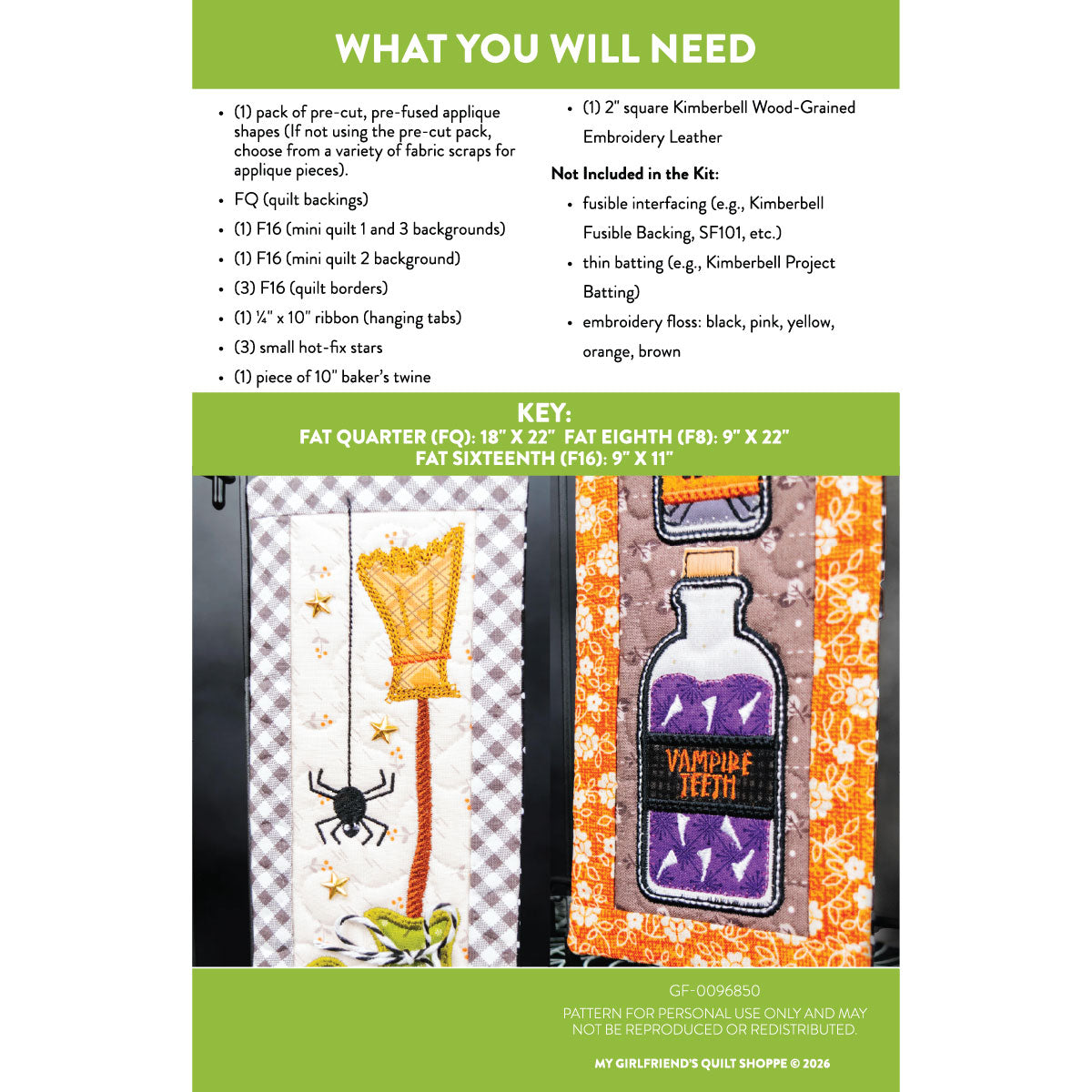 A pattern instruction sheet for 'Witch's Teeth' applique patches by Myrtle's Quilt Shop, detailing what is included in a $99 kit and providing a size key and fabric swatches.